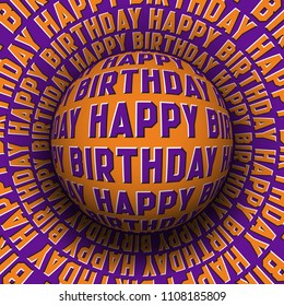 Happy Birthday patterned sphere rolling on rotating surface. Abstract vector optical illusion concept.