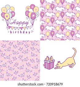 Happy Birthday patterns and hand drawn design elements for greeting cards in lavender colors. / Birthday card, lettering composition. Vector Illustration.