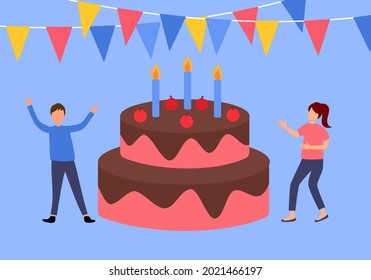 Happy birthday people with cake for celebration in flat design.