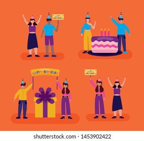 happy birthday people celebrate cake gifts vector illustration