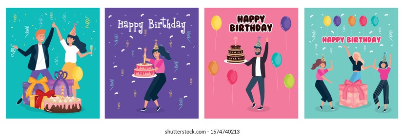 happy birthday, people celebration party event decoration banners vector illustration