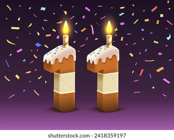 Happy Birthday, person birthday anniversary, Candle with cake in the form of numbers 11. Vector illustration