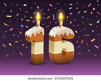 Happy Birthday, person birthday anniversary, Candle with cake in the form of numbers 16. Vector illustration