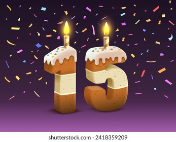 Happy Birthday, person birthday anniversary, Candle with cake in the form of numbers 15. Vector illustration