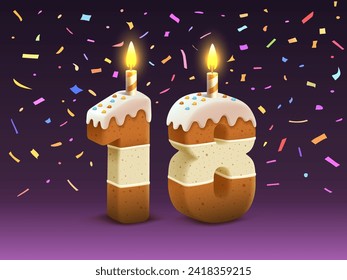 Happy Birthday, person birthday anniversary, Candle with cake in the form of numbers 18. Vector illustration