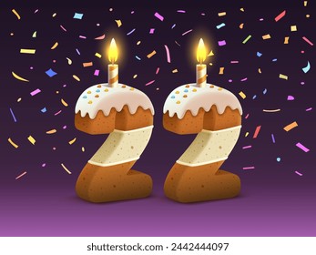 Happy Birthday, person birthday anniversary, Candle with cake in the form of numbers 22. Vector illustration