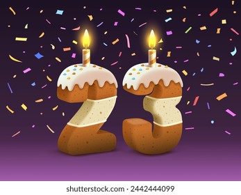 Happy Birthday, person birthday anniversary, Candle with cake in the form of numbers 23. Vector illustration