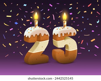 Herzlichen Glückwunsch zum Geburtstag, Geburtstag der Person, Kerze mit Kuchen in Form der Nummern 25. Vektorgrafik