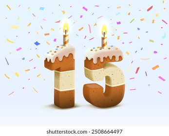 Happy Birthday, person birthday anniversary, Candle with cake in the form of numbers 15. Vector illustration