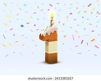 Feliz cumpleaños, aniversario de cumpleaños de la persona, Vela con torta en forma de números 1. Ilustración del vector