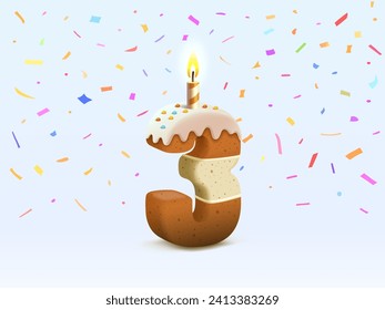 Happy Birthday, person's birthday anniversary, Candle with cake in the form of numbers 3. Vector illustration