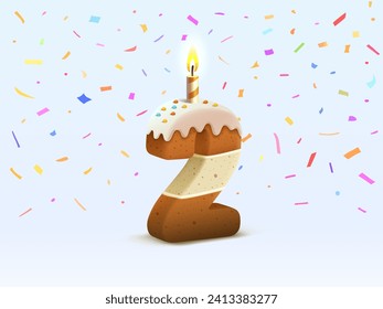 Feliz cumpleaños, aniversario de cumpleaños de la persona, Vela con torta en forma de números 2. Ilustración del vector