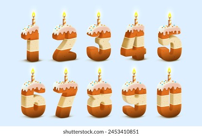 Happy Birthday, person's birthday anniversary, Candle with cake in the shape of a number, set collection. Vector illustration