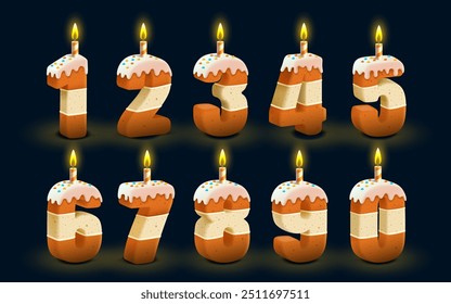 Happy Birthday, person's birthday anniversary, Candle with cake in the shape of a number, set collection. Vector illustration