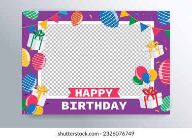 happy birthday photo frame with balloons and gift box 