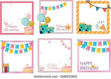 Happy Birthday Photo Frame Design With Gifts, Balloons, And Other Party Elements. Birthday Wish Frame Design With Cakes And Party Banner. Collection Of Birthday Photo Frames.