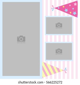 Happy Birthday photo frame and postcard for children with a celebratory cap. Pink and white stripe background vector. Template for children's photo album or postcard.