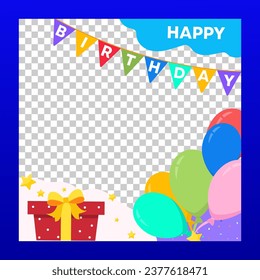 Happy Birthday photo frame.Flat style  photobooth  prop for B-day party in cartoon style with cake,balloons and confetti.Festive colorful design for party,invitation, greeting card.Vector illustration