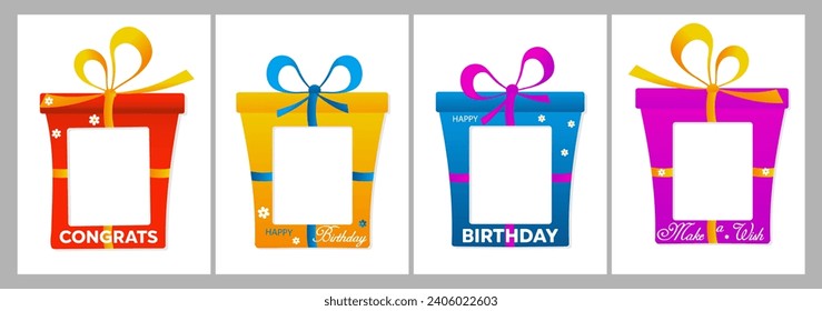 Cumpleaños feliz.Juego de marcos de fotos al estilo de las caricaturas en forma de cajas de regalo con cintas, inscripciones de felicitación y flores.Diseño plano.Para cabina de fotos, tarjetas, invitaciones.Ilustración vectorial