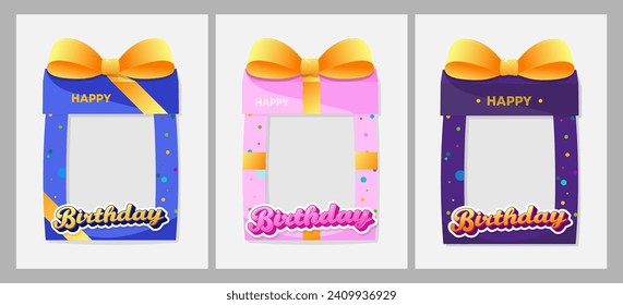 Happy Birthday.Set of photo frames in cartoon style in the form of a gift box with a yellow bow and bright confetti.Flat design.For photo booth, greeting card, party invitation.Vector illustration