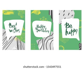 Happy birthday phrases social media network template set. Collection of grunge ink holiday quotes on stories banner. Vector illustration.