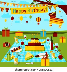 Happy birthday picnic poster with different food and drink on the cloth, presents, piniata and  countryside view. Vector