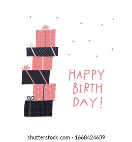 Happy Birthday pile of gift boxes lettering postcard. Simple flat vector illustration cartoon style. Festive party celebration confetti hand drawn cute present picture graphic design clip art element.