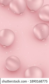 Happy Birthday pink background. Flat lay horizontal banner with realistic balloons.Top view. Anniversary. Vector.