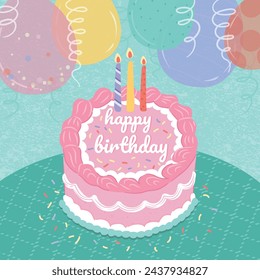 Happy birthday pink cake with balloons party portrait greeting card illustration