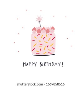 Happy Birthday pink cake with marshmallow and star lettering postcard. Simple flat vector illustration cartoon style Festive party celebration confetti hand drawn cute picture graphic clip art element