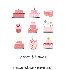 Happy Birthday pink cakes with candles and decorations lettering postcard. Simple flat vector illustration cartoon style. Festive party celebration confetti hand drawn cute picture clip art element.