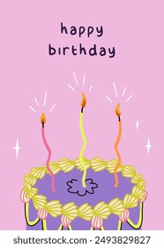 Happy birthday pink card with cake and curved candles. Vibrant greeting card with calligrapthy. Cute and trendy vector illustration templates in simple style