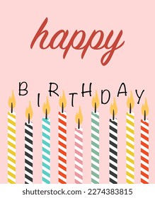 Happy birthday pink card with candles. Vector graphics in flat style