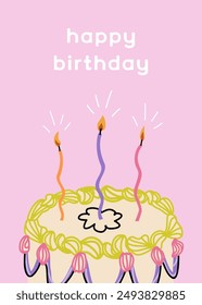 Happy birthday pink card with ruffle cake and curved candles. Cute and trendy vector illustration templates in simple style