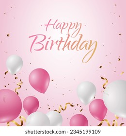 Happy Birthday pink invitation card with balloons and confetti. Template for birthday celebration
