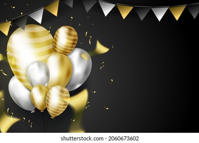 happy birthday with platinum and golden shiny balloons, confetti and party flag element. Holiday decoration. copy space background vector.