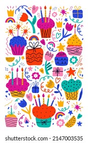 Happy birthday pop art poster. Colorful abstract shapes and elements on white background. Bday cake, gift, flowers, heart, crown, star, dots, spots. Trendy modern illustration for banner, postcard