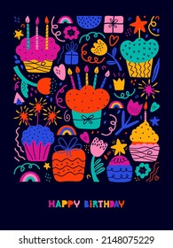 Happy birthday pop art poster with congratulatory text. Colorful abstract shapes and elements on black background. Bday cake, gift, flowers, heart, crown, star. Illustration in scandinavian style