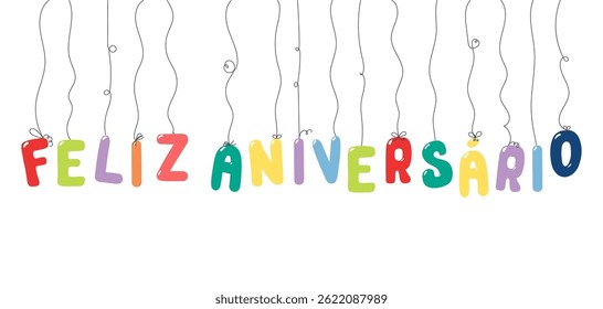 Happy Birthday Portuguese text, letter shaped balloons hanging, festive decorations, garland, isolated vector illustration on transparent. Holiday party, celebration, anniversary, card design element