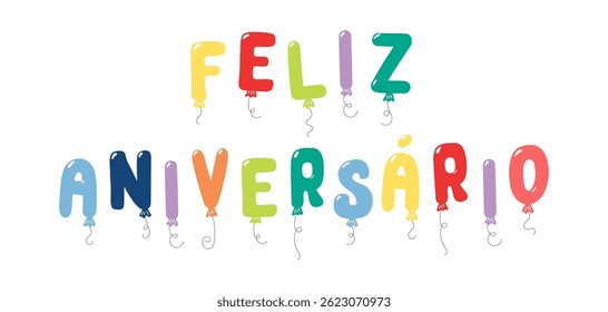Happy Birthday Portuguese text, letter shaped balloons flying, festive decorations, garland, isolated vector illustration on transparent. Holiday party, celebration, anniversary, card design element