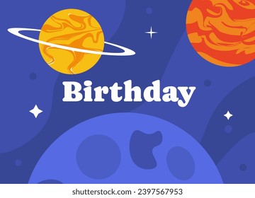 Happy birthday post. Blue flyer, leaflet or booklet. Galaxy and universe. Colorful planets. Annual holiday greeting postcard. Graphic element for website. Cartoon flat vector illustration