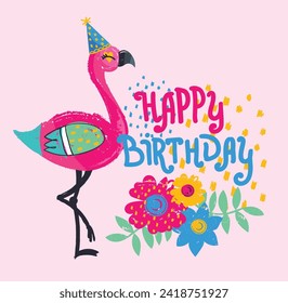 Happy birthday post card with cute flamingo and flowes boquete. Celebrating card pink flamingo happy birthday