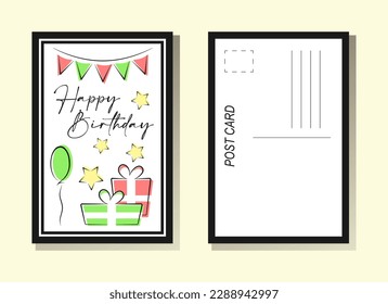 Happy birthday post cards templates. Vector hand drawn elements in frame on white background. Best for greeting cards, print and festive decoration.