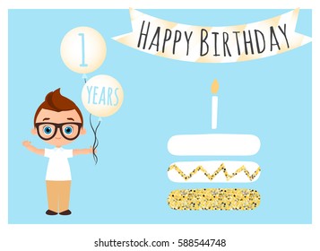 Happy birthday postcard. Happy Birthday background for poster, banner, card, invitation, flyer. Young Boy holds balls with congratulations. Vector illustration eps 10. Flat cartoon style