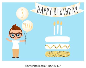 Happy birthday postcard. Happy Birthday background for poster, banner, card, invitation, flyer. Young Boy holds balls with congratulations. Vector illustration eps 10. Flat cartoon style.