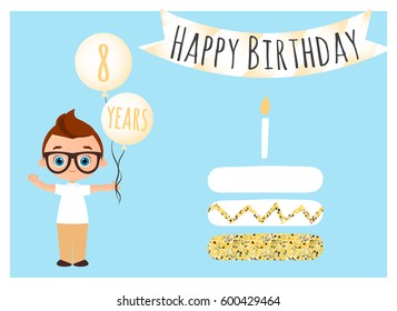 Happy birthday postcard. Happy Birthday background for poster, banner, card, invitation, flyer. Young Boy holds balls with congratulations. Vector illustration eps 10. Flat cartoon style.