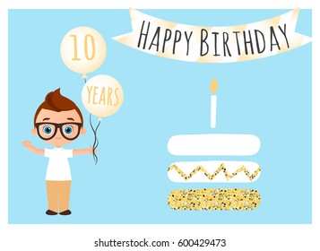 Happy birthday postcard. Happy Birthday background for poster, banner, card, invitation, flyer. Young Boy holds balls with congratulations. Vector illustration eps 10. Flat cartoon style.