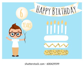 Happy birthday postcard. Happy Birthday background for poster, banner, card, invitation, flyer. Young Boy holds balls with congratulations. Vector illustration eps 10. Flat cartoon style.