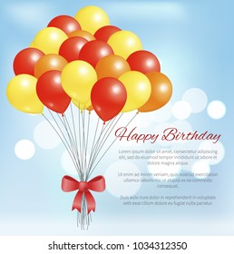 Happy birthday postcard balloons big bundle for party decorations, birthdays and anniversaries, balloon bunch decorated by bow on transparent blurred blue