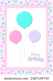 Happy birthday postcard with balloons and decorative pattern in flat style. Vector illustration. Celebration card.